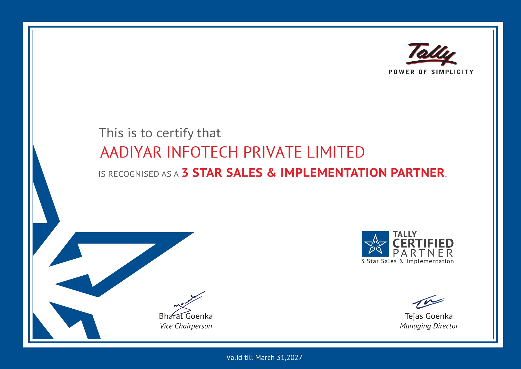 Aadiyar Infotech 3-Star Certified Partner